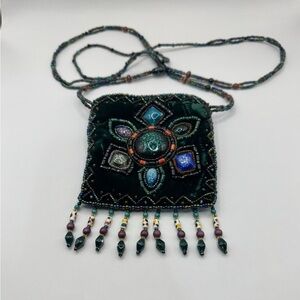 Pouch Bag Floral Design Mini Velvet Black Beaded Crossbody Strap 4x4” Zippered